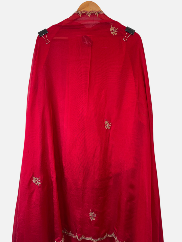 Design by Pakiza red silk organza dupatta with intricate gold zardozi, dabka, and sequin embroidery on the border