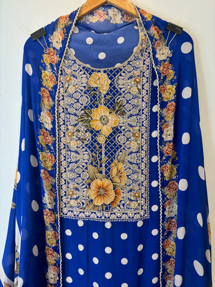 Kira – Polka Dot Crepe Suit with Handworked Neckline