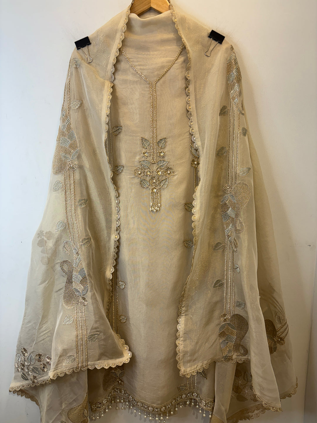 Zarish – Ivory Gold Tissue Suit with Zari Work