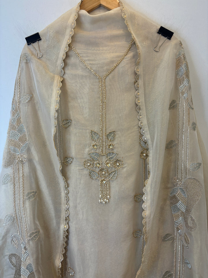 Zarish – Ivory Gold Tissue Suit with Zari Work