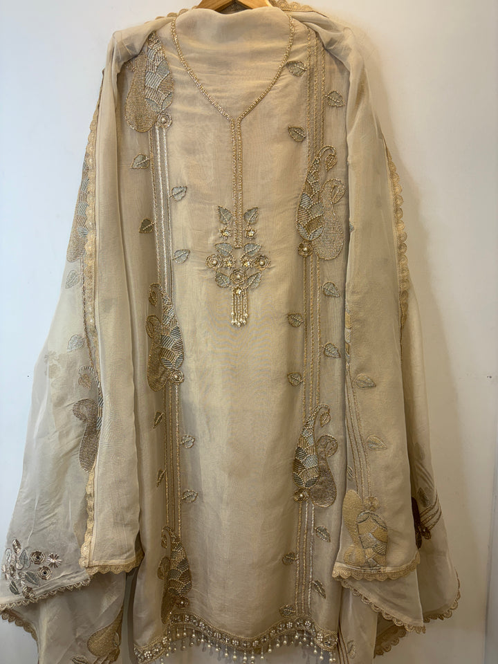 Zarish – Ivory Gold Tissue Suit with Zari Work