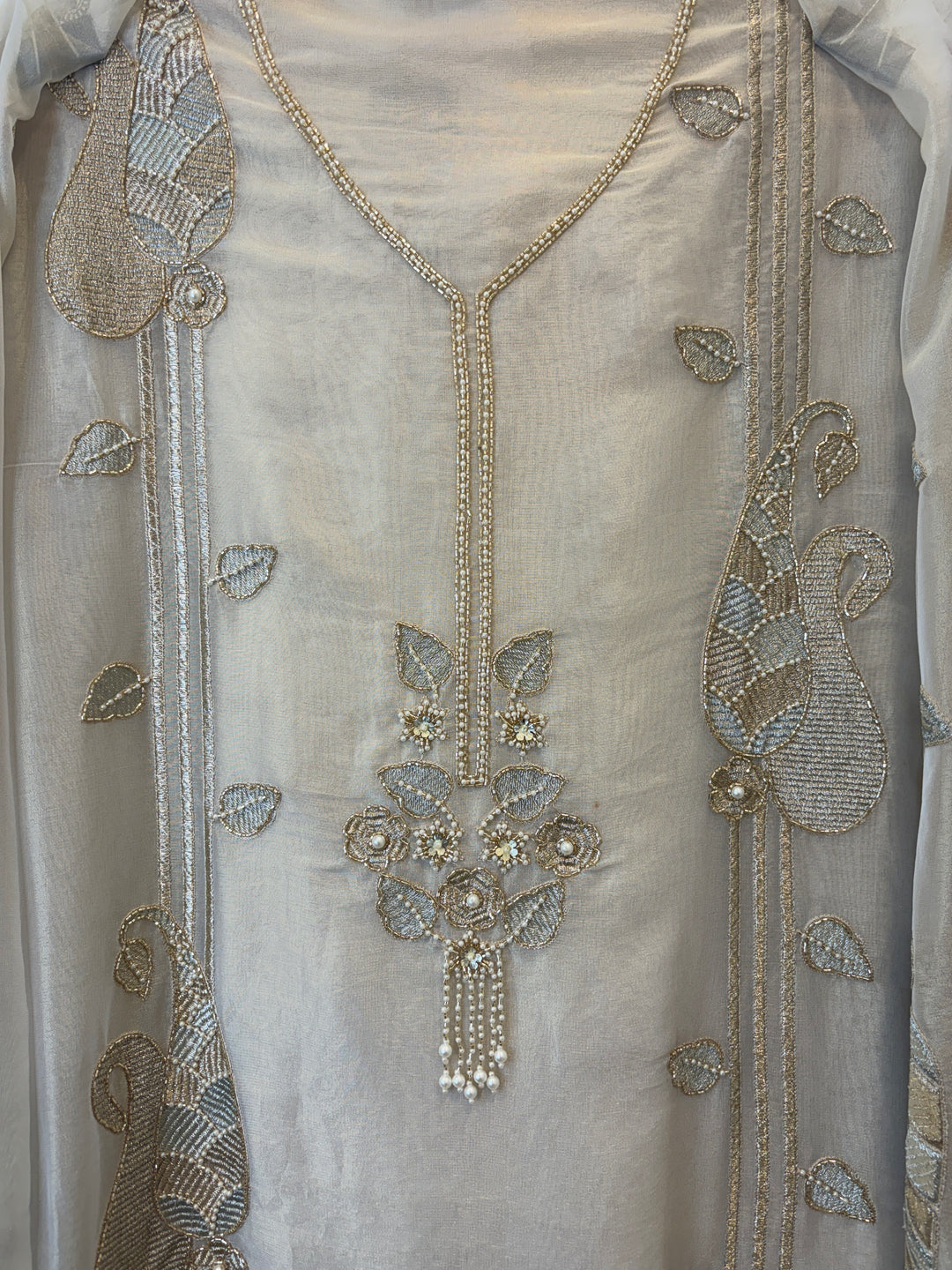 Zarish – Ivory Gold Tissue Suit with Zari Work