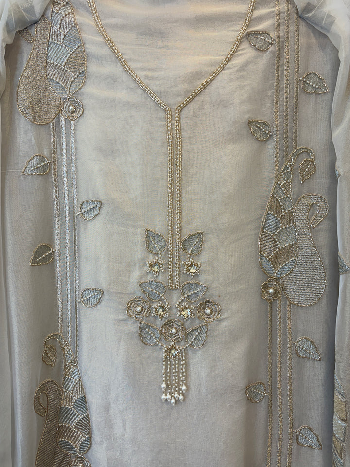 Zarish – Ivory Gold Tissue Suit with Zari Work
