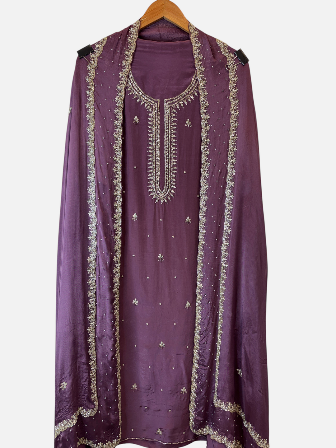 Design by Pakiza deep dusty purple crepe 3-piece suit with pearl and cutdana handwork on shirt and chinon dupatta
