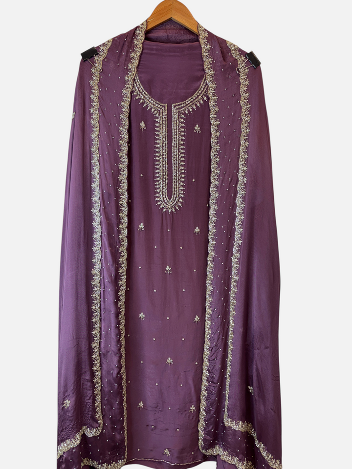 Design by Pakiza deep dusty purple crepe 3-piece suit with pearl and cutdana handwork on shirt and chinon dupatta