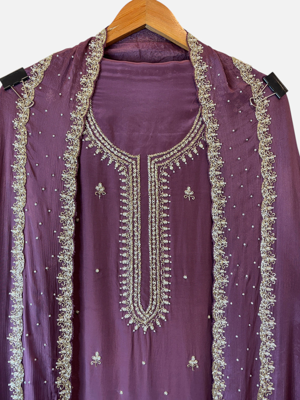 Design by Pakiza deep dusty purple crepe suit with intricate pearl and cutdana handwork on the neckline and dupatta