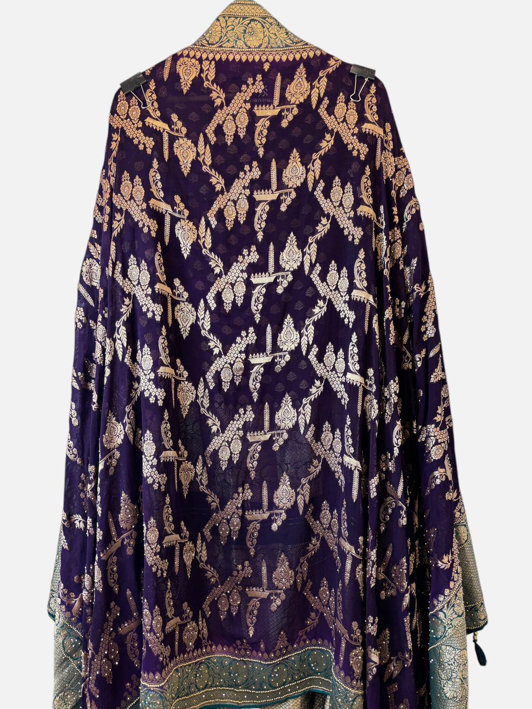 Design by Pakiza purple khadi georgette dupatta with intricate gold jaal pattern and tassel embellishments