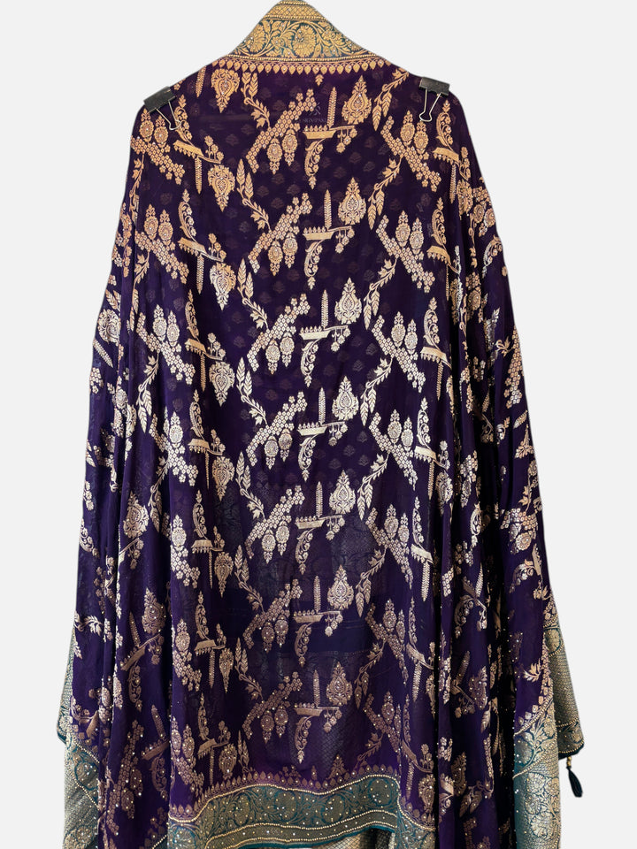 Design by Pakiza purple khadi georgette dupatta with intricate gold jaal pattern and tassel embellishments