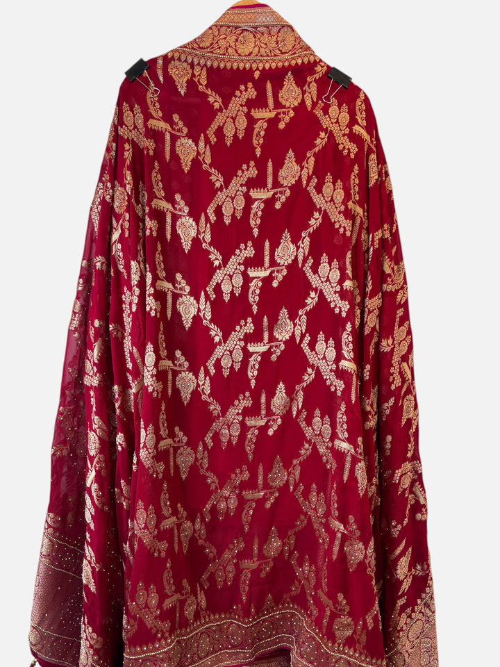 Design by Pakiza red pure khadi georgette dupatta with intricate gold jaal pattern and traditional Banarasi weave