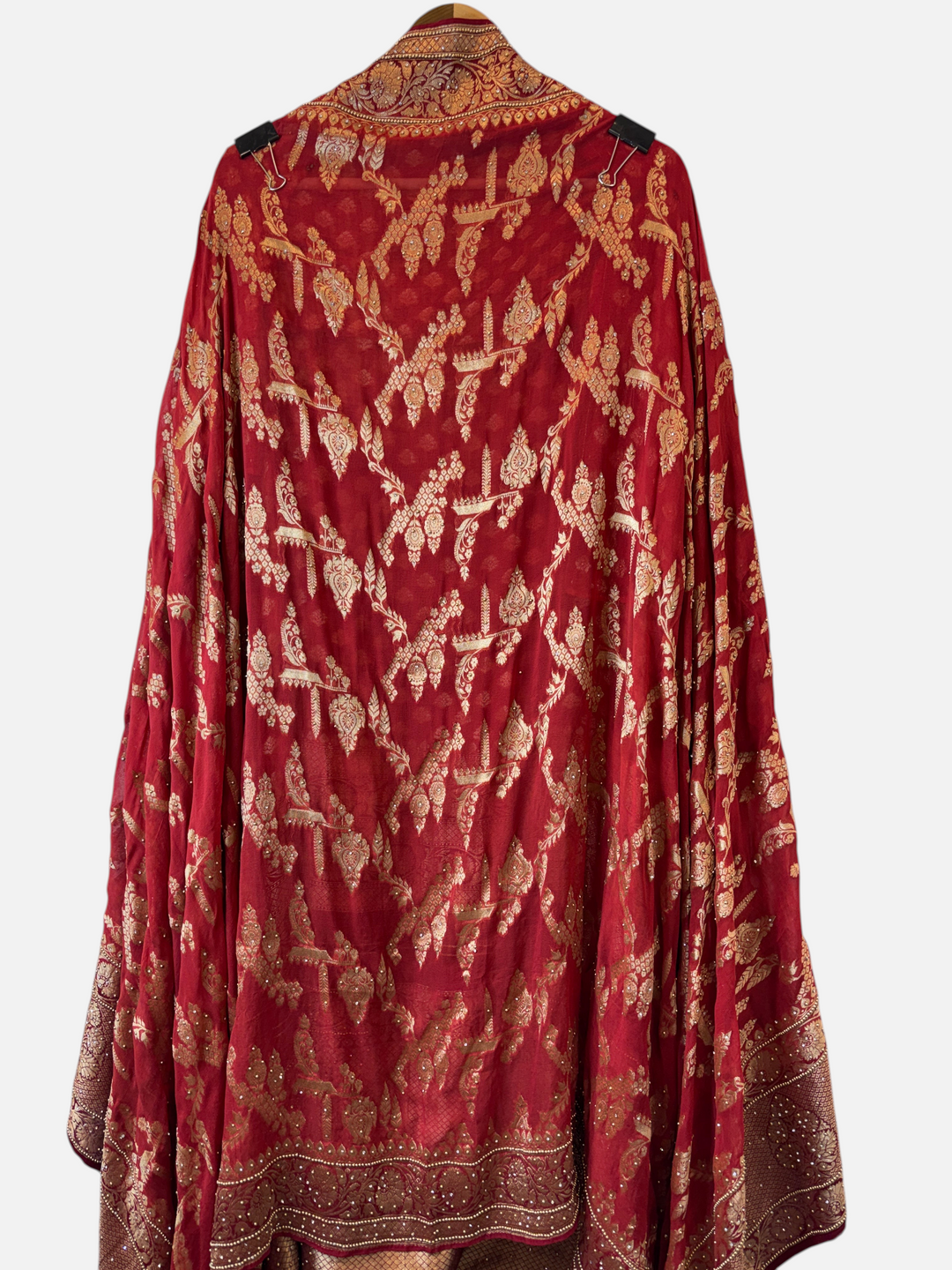 Design by Pakiza red pure khadi georgette dupatta with intricate multi-gold jaal pattern and tassel embellishments