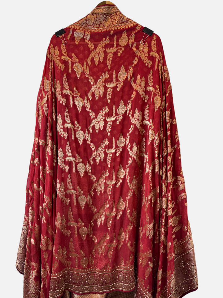 Design by Pakiza red pure khadi georgette dupatta with intricate multi-gold jaal pattern and tassel embellishments