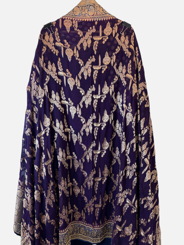 Design by Pakiza purple khadi georgette dupatta with intricate gold jaal pattern and traditional Banarasi weave