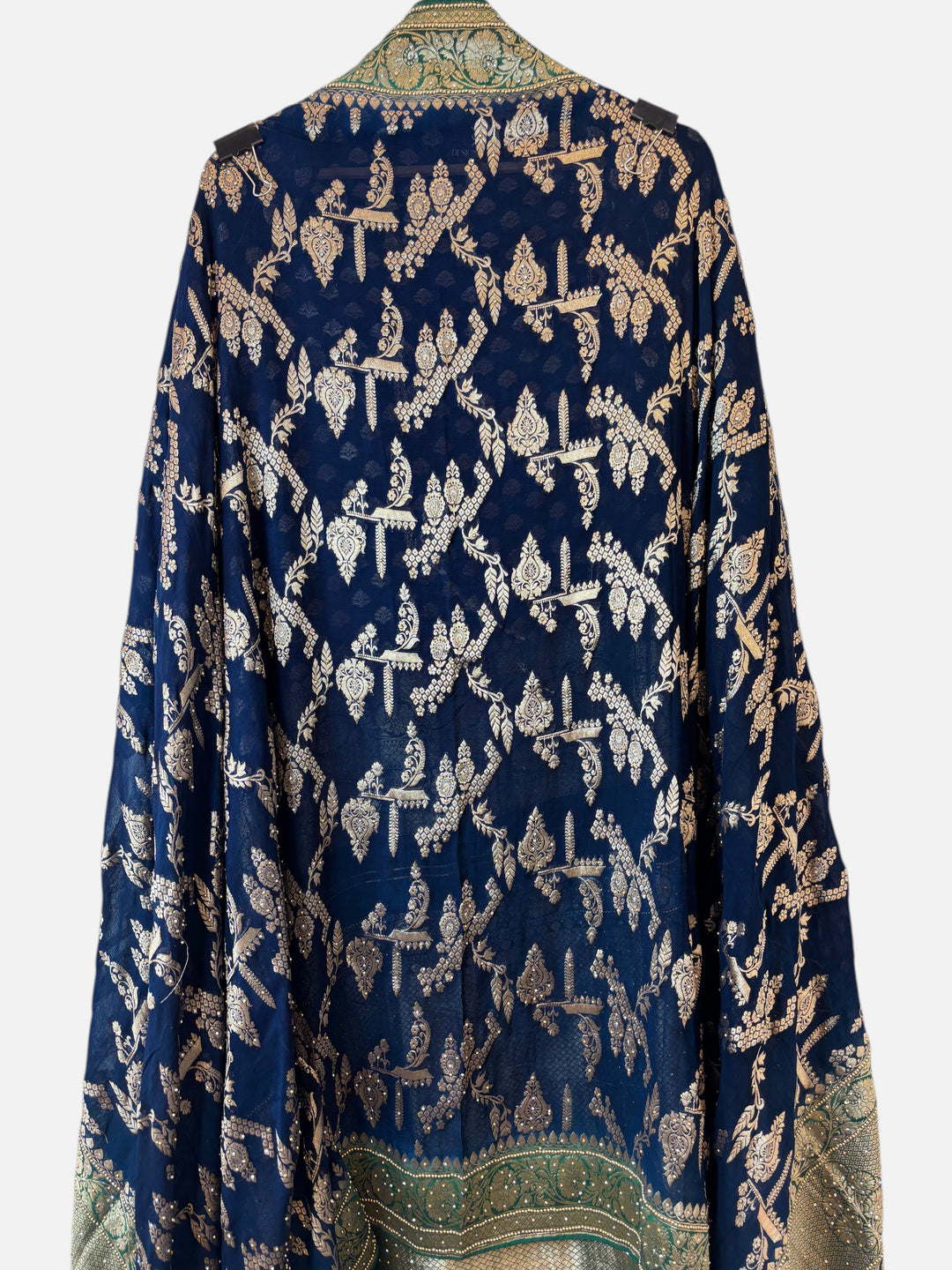 Design by Pakiza navy blue khadi georgette dupatta with intricate gold jaal pattern and decorative border detailing