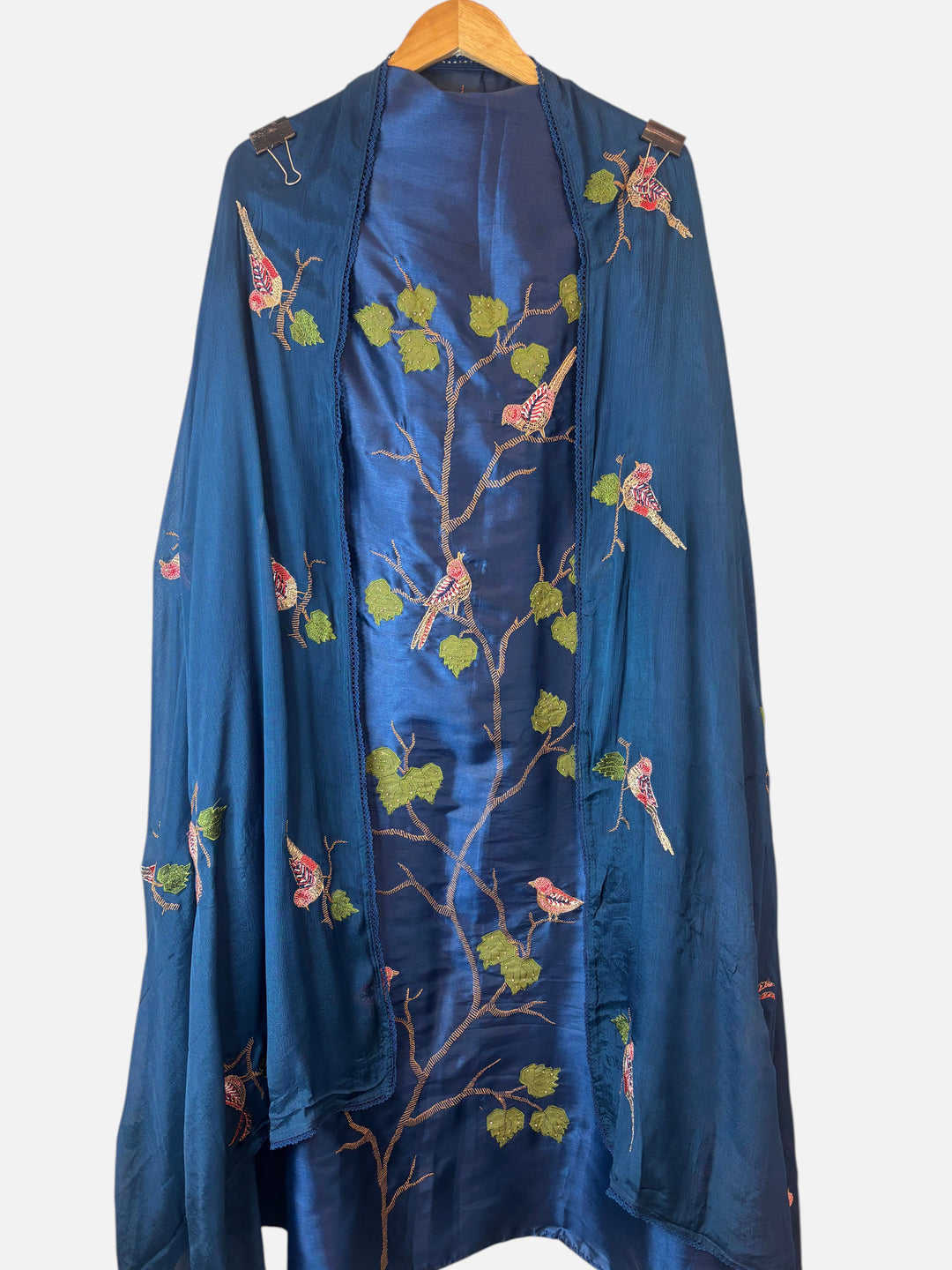 Design by Pakiza teal blue silk suit set with intricate bird appliqué, dabka embroidery, and matching chinon dupatta