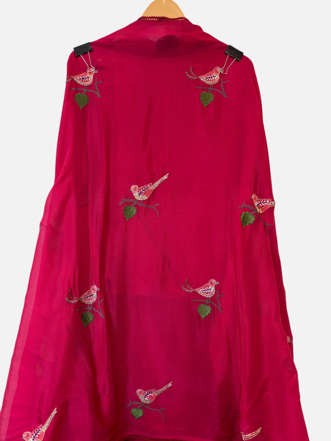 Design by Pakiza rani pink chinon dupatta featuring intricate embroidered bird motifs and green leaf detailing