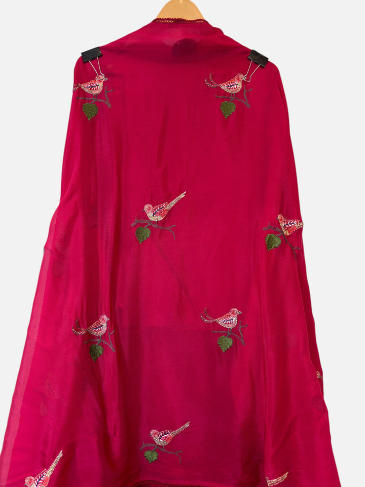 Design by Pakiza rani pink chinon dupatta featuring intricate embroidered bird motifs and green leaf detailing