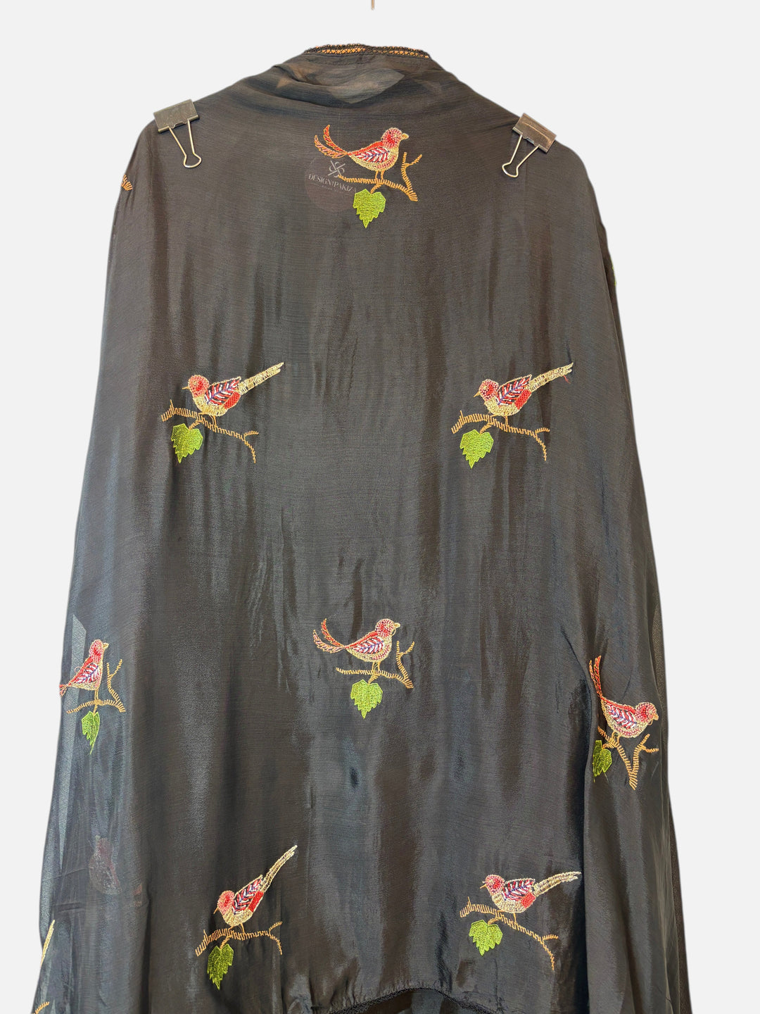 Design by Pakiza black chinon dupatta with intricate bird embroidery, appliqué, and dabka work on branches