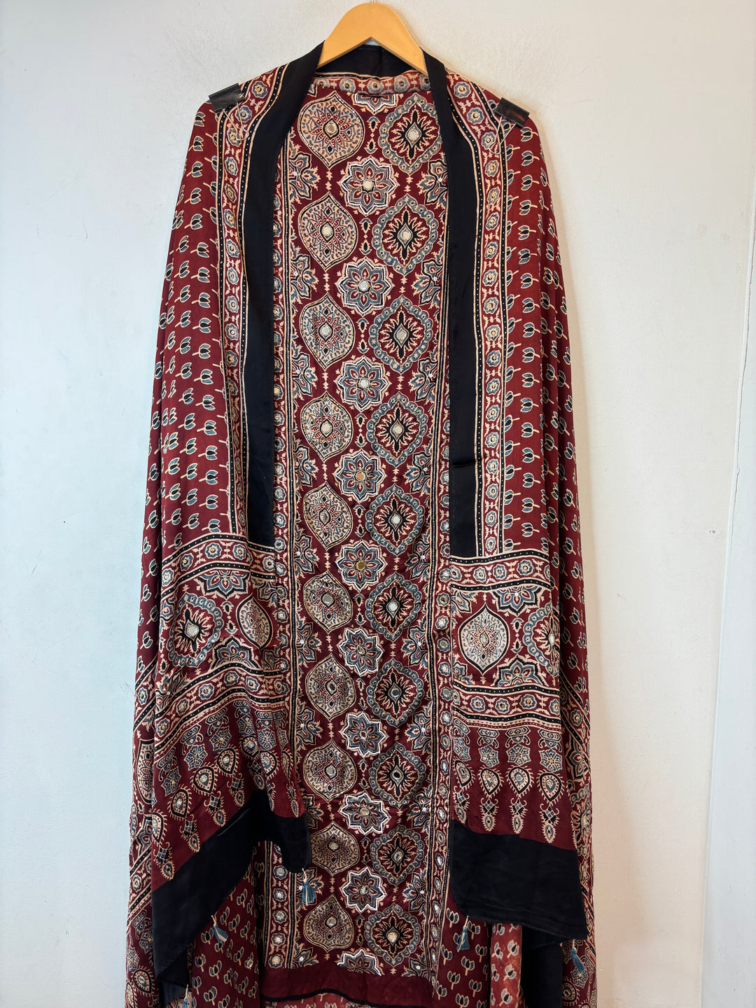 Aarohi – Deep Wine Red Ajrakh Lotus Print Cutdana Ensemble