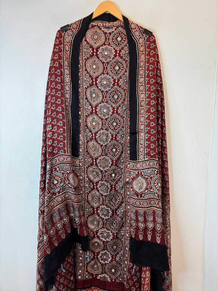 Aarohi – Deep Wine Red Ajrakh Lotus Print Cutdana Ensemble