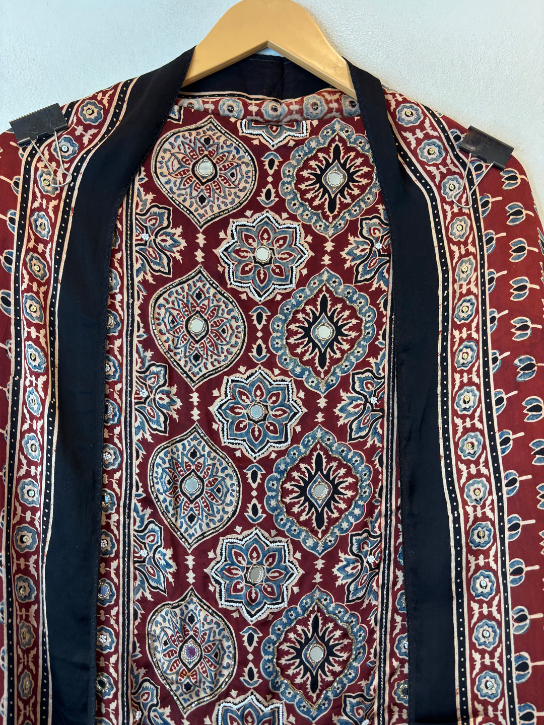 Aarohi – Deep Wine Red Ajrakh Lotus Print Cutdana Ensemble