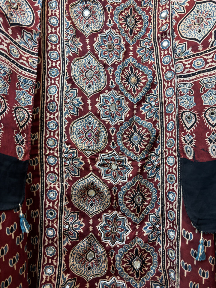 Aarohi – Deep Wine Red Ajrakh Lotus Print Cutdana Ensemble