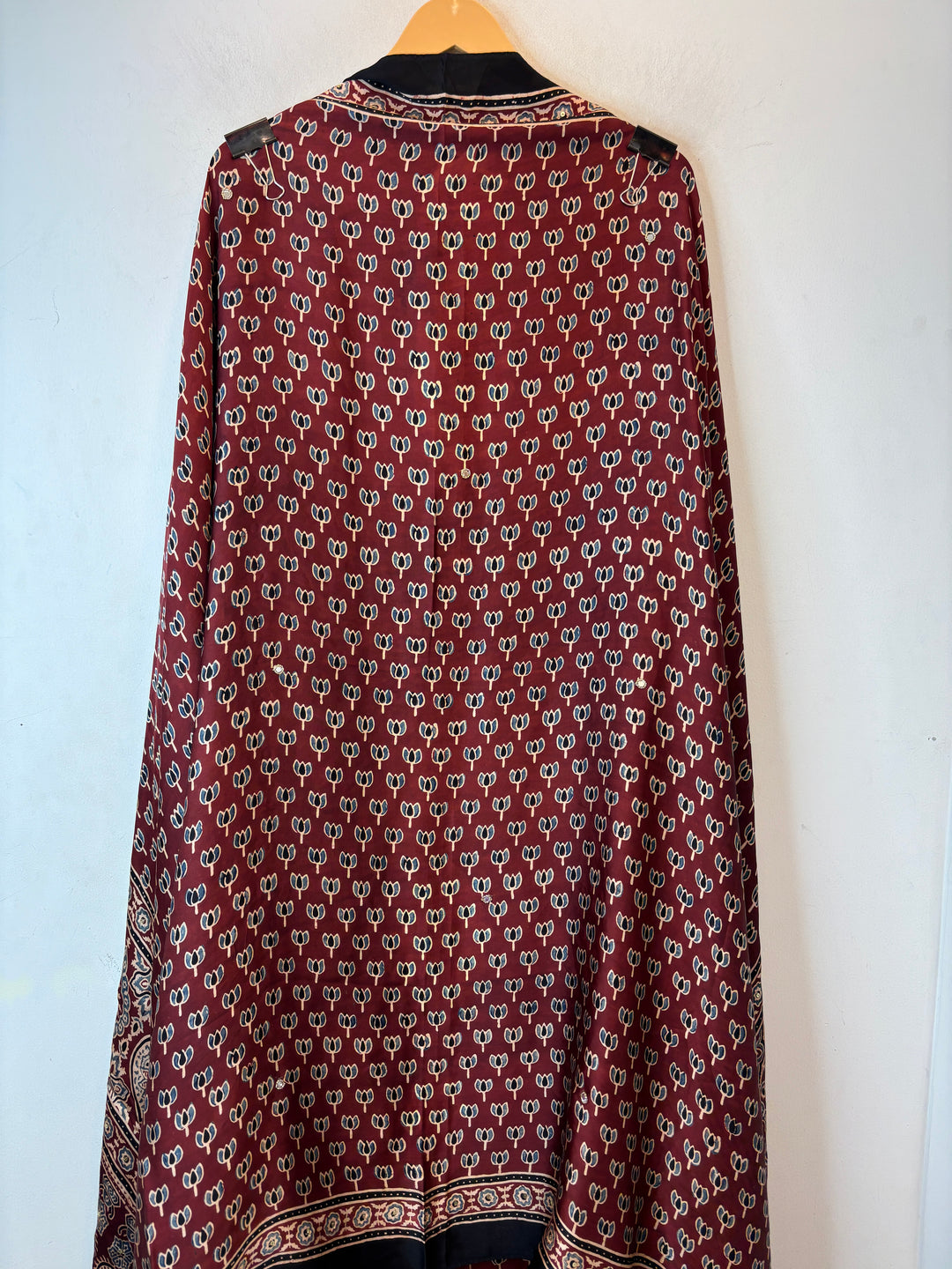 Aarohi – Deep Wine Red Ajrakh Lotus Print Cutdana Ensemble
