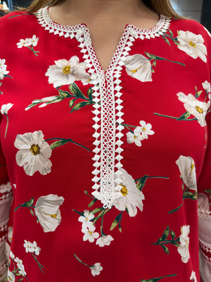 Muslin Floral Suit Set with Lace Detailing