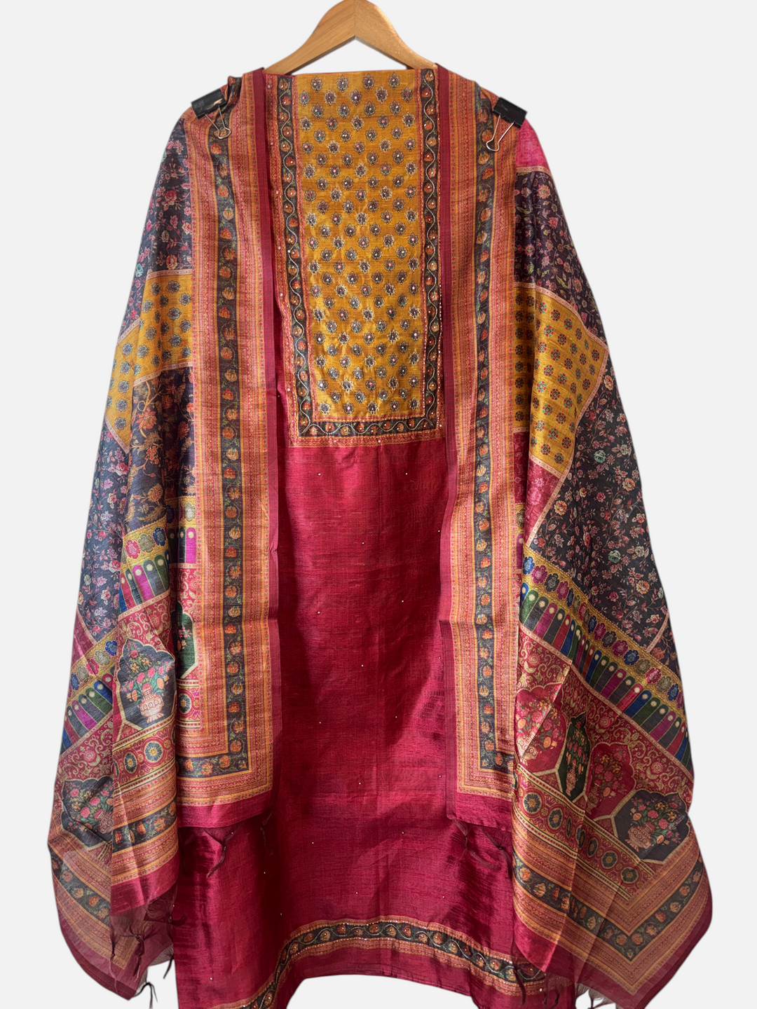 Design by Pakiza unstitched 3-piece tussar suit with red shirt, intricate zari, cut dana handwork, and printed dupatta