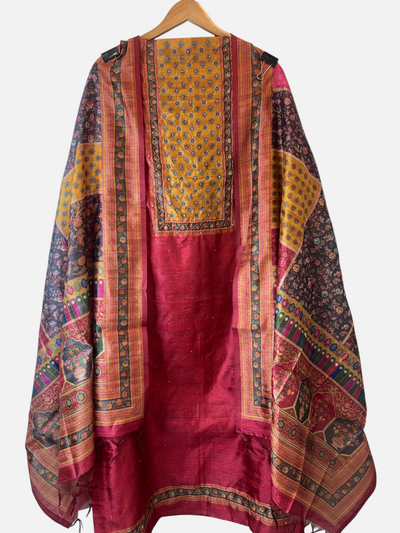 Design by Pakiza unstitched 3-piece tussar suit with red shirt, intricate zari, cut dana handwork, and printed dupatta