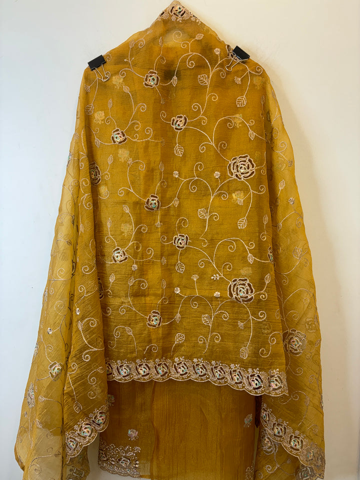 Sehrish – Crushed Tissue Suit with Laser Cut Ghera