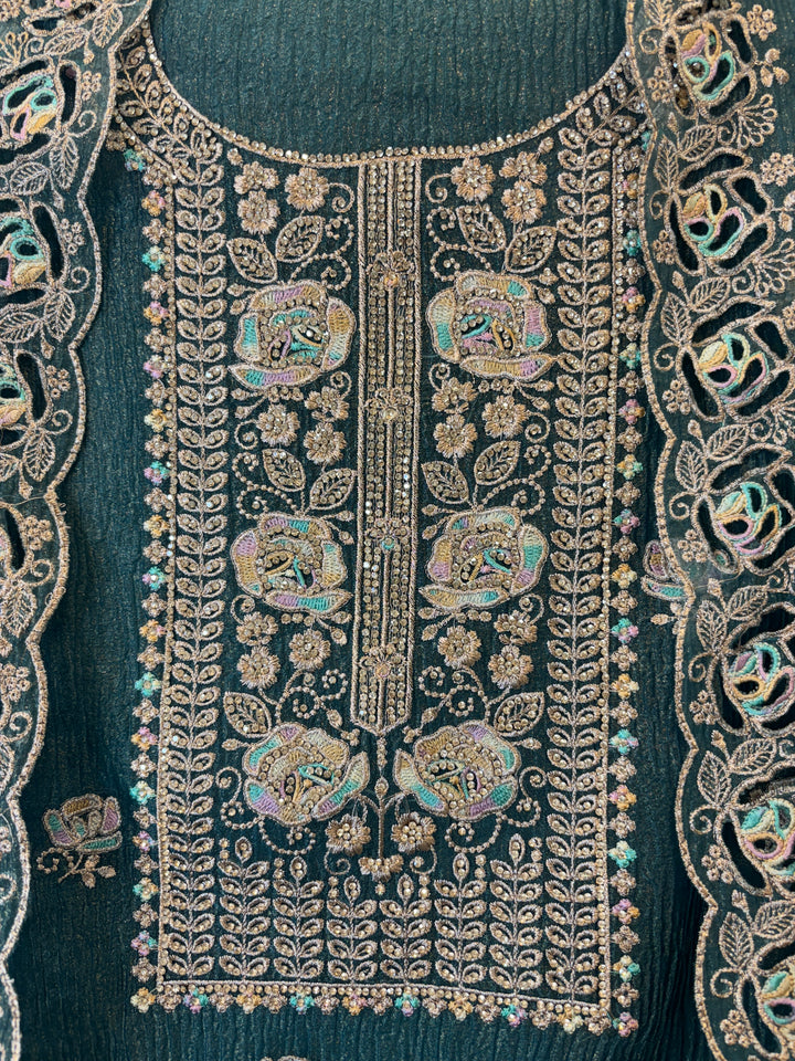 Sehrish – Crushed Tissue Suit with Laser Cut Ghera