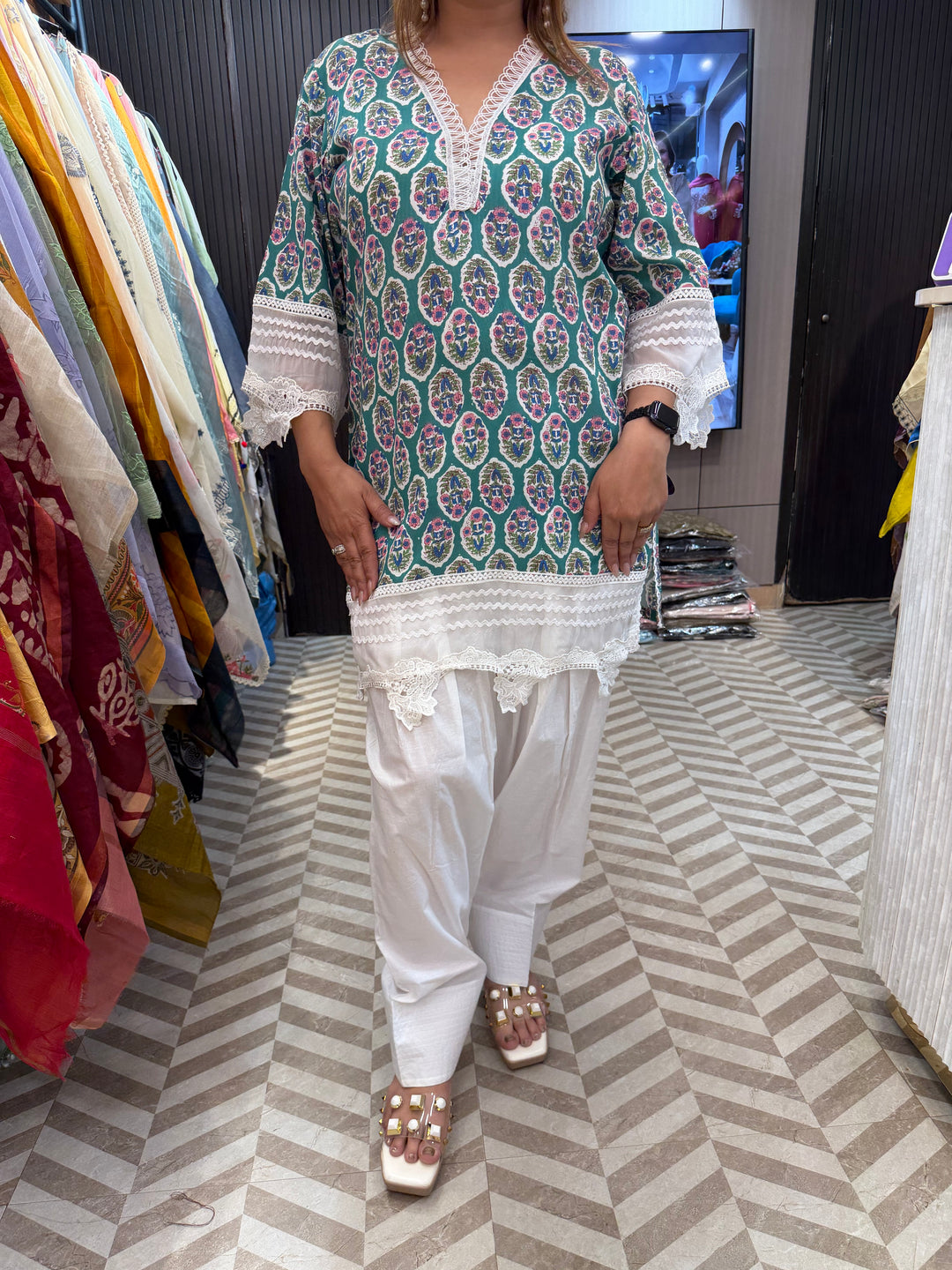 Cotton Stitched Suit Set with Lace Detailing