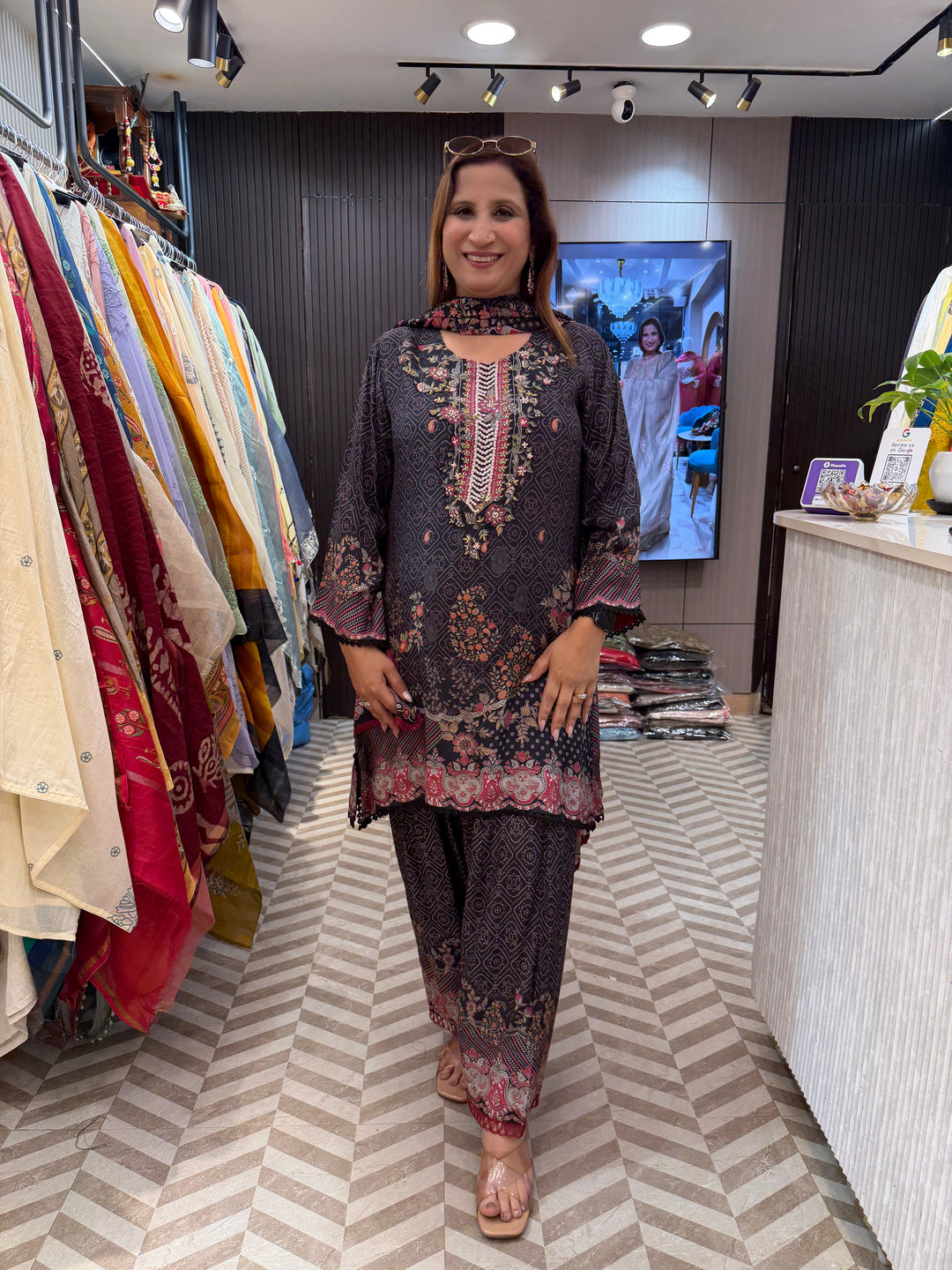 Maheshwari Printed Suit Set with Handwork &amp; Chinon Dupatta