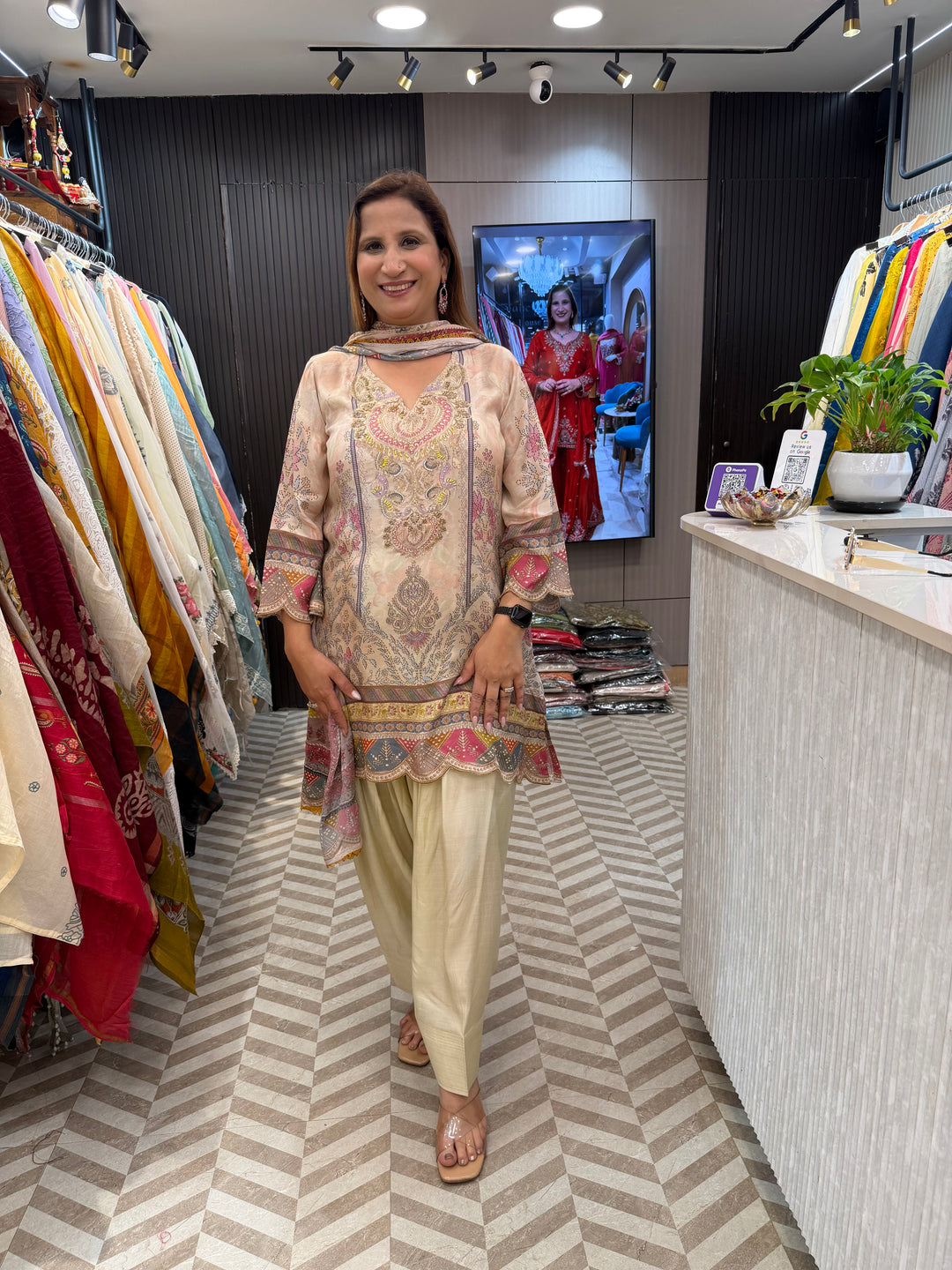 Maheshwari Printed Suit Set with Pearl &amp; Nalki Work