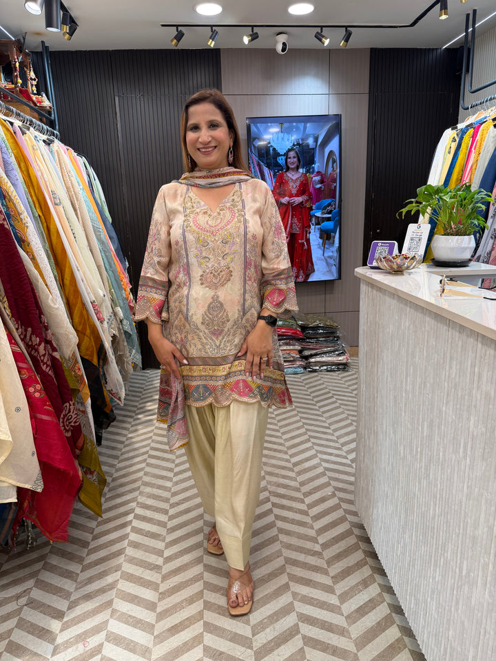 Maheshwari Printed Suit Set with Pearl &amp; Nalki Work
