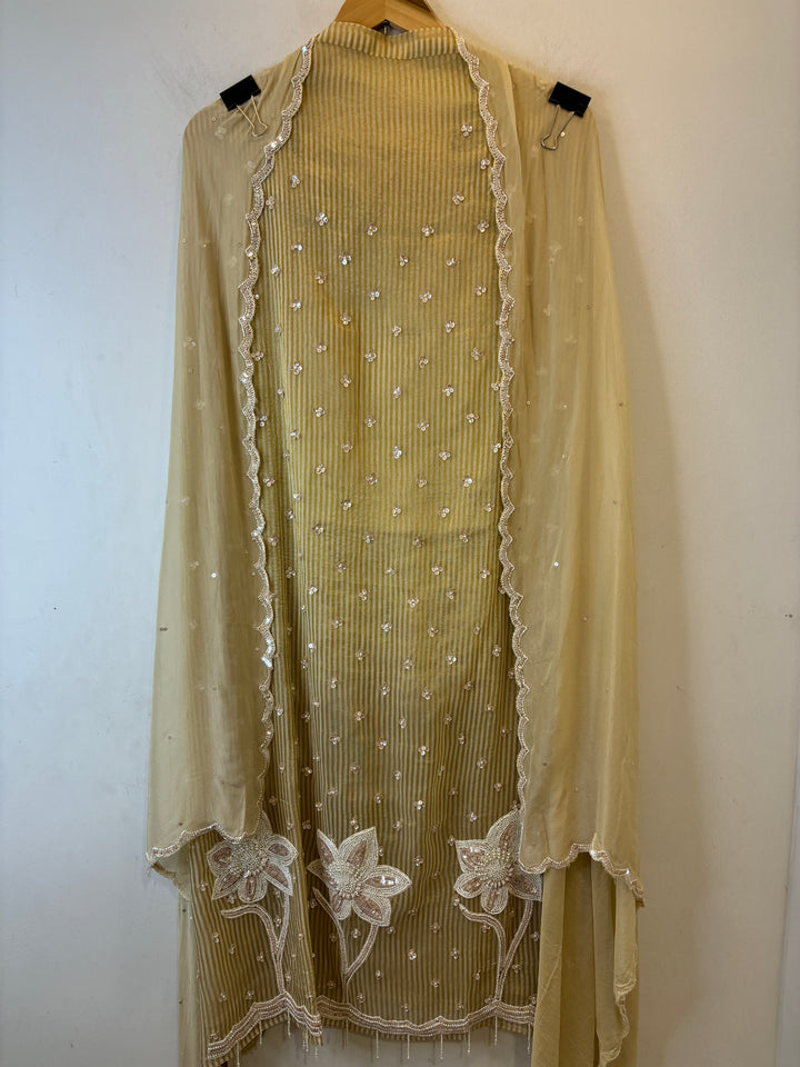 Ivory Handwork Tissue Golden Stripes Suit