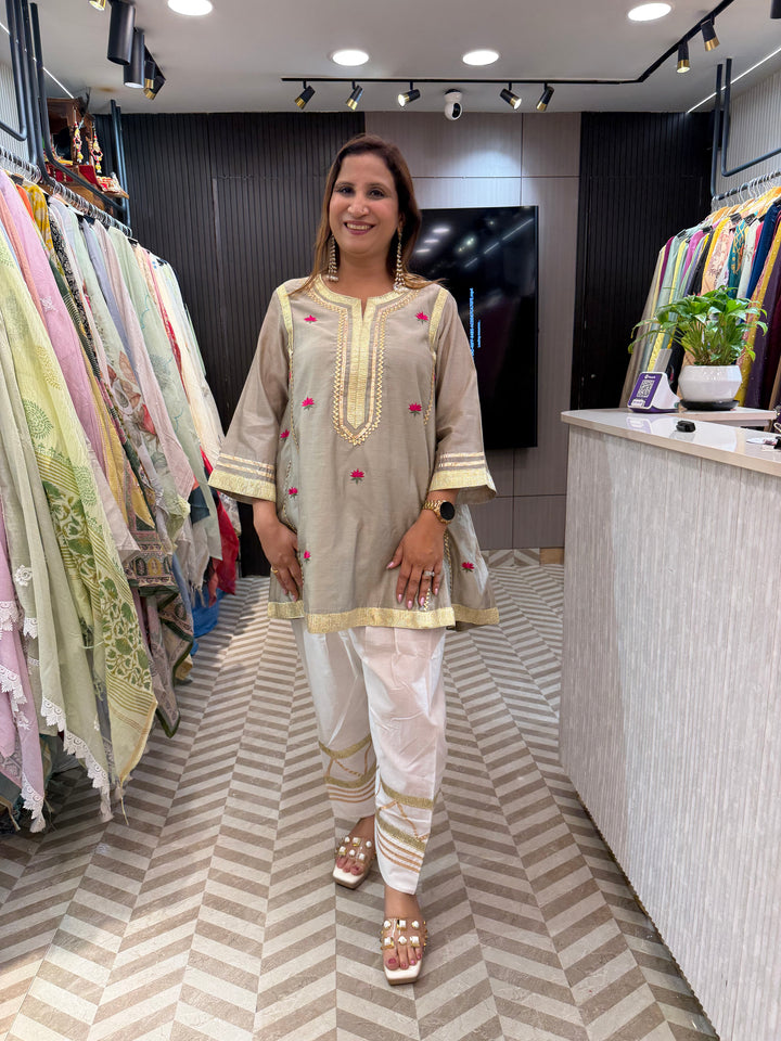 Zohra – Beige Mul Chanderi Gota Work Suit Set