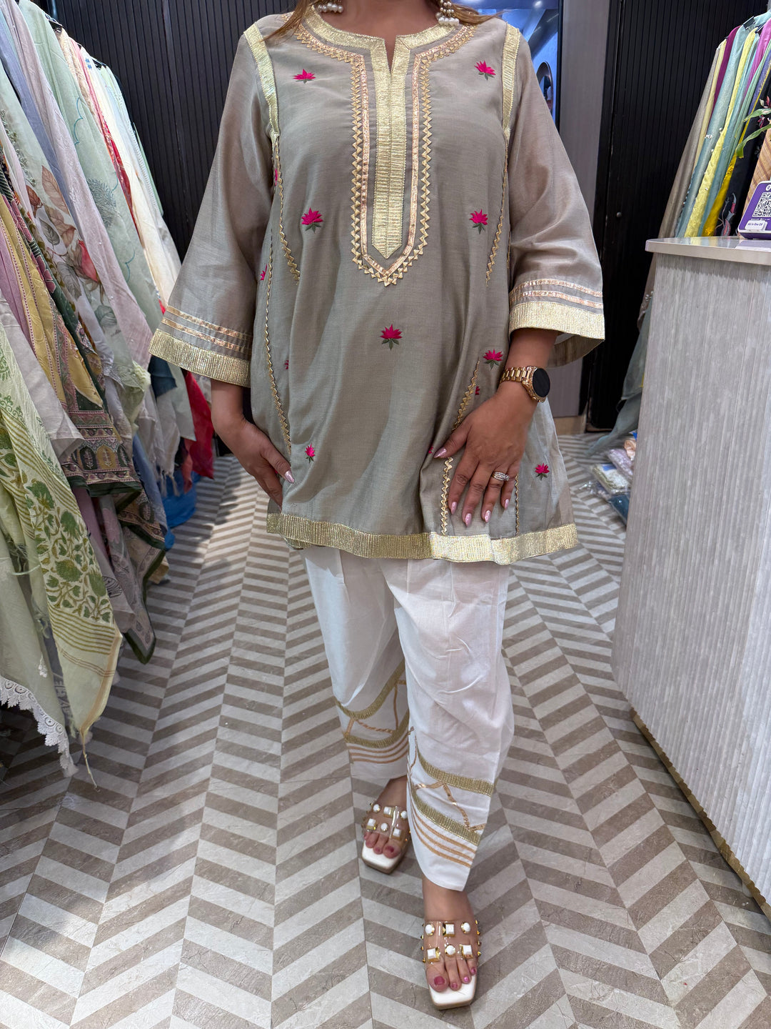 Zohra – Beige Mul Chanderi Gota Work Suit Set