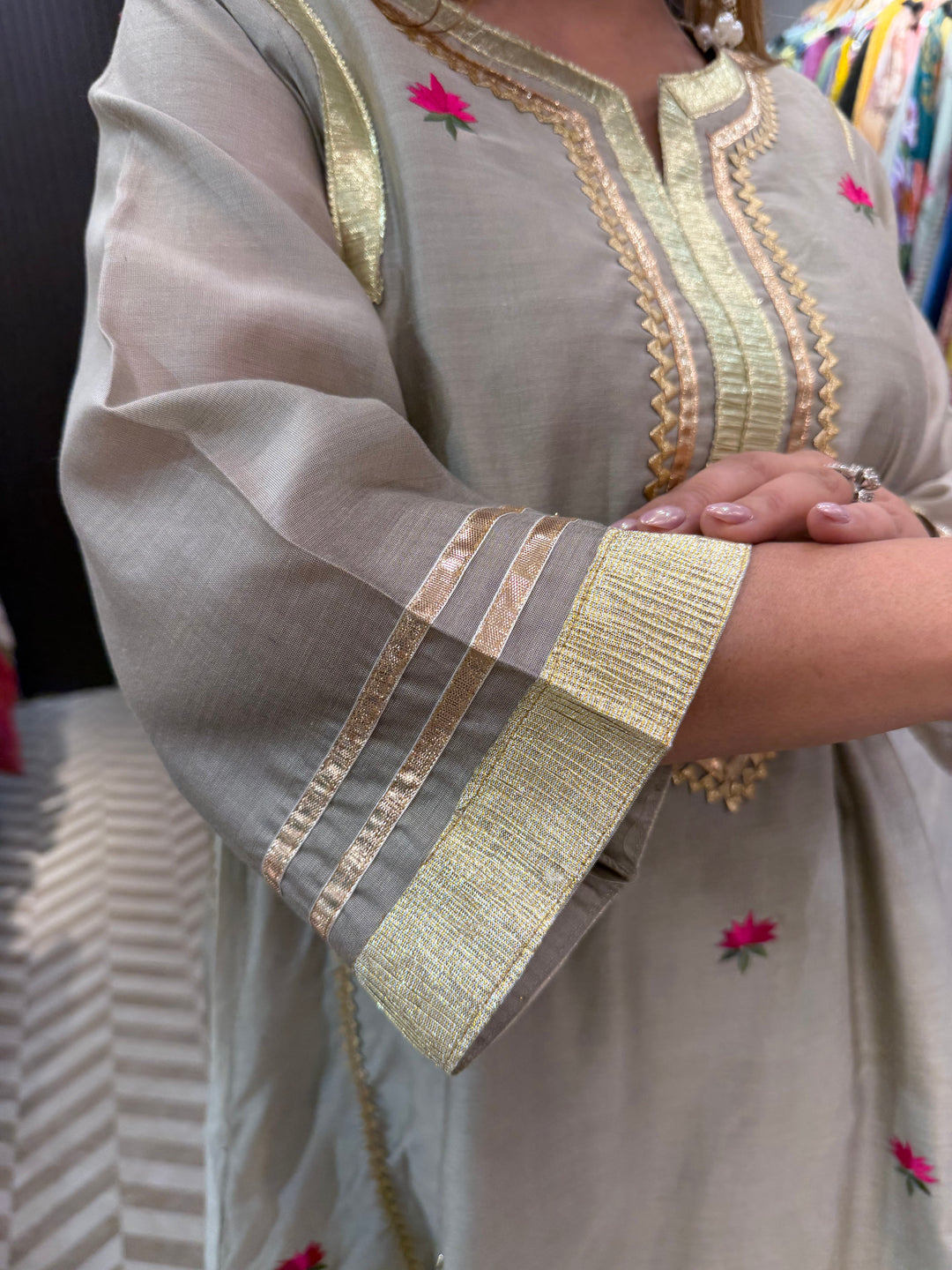 Zohra – Beige Mul Chanderi Gota Work Suit Set