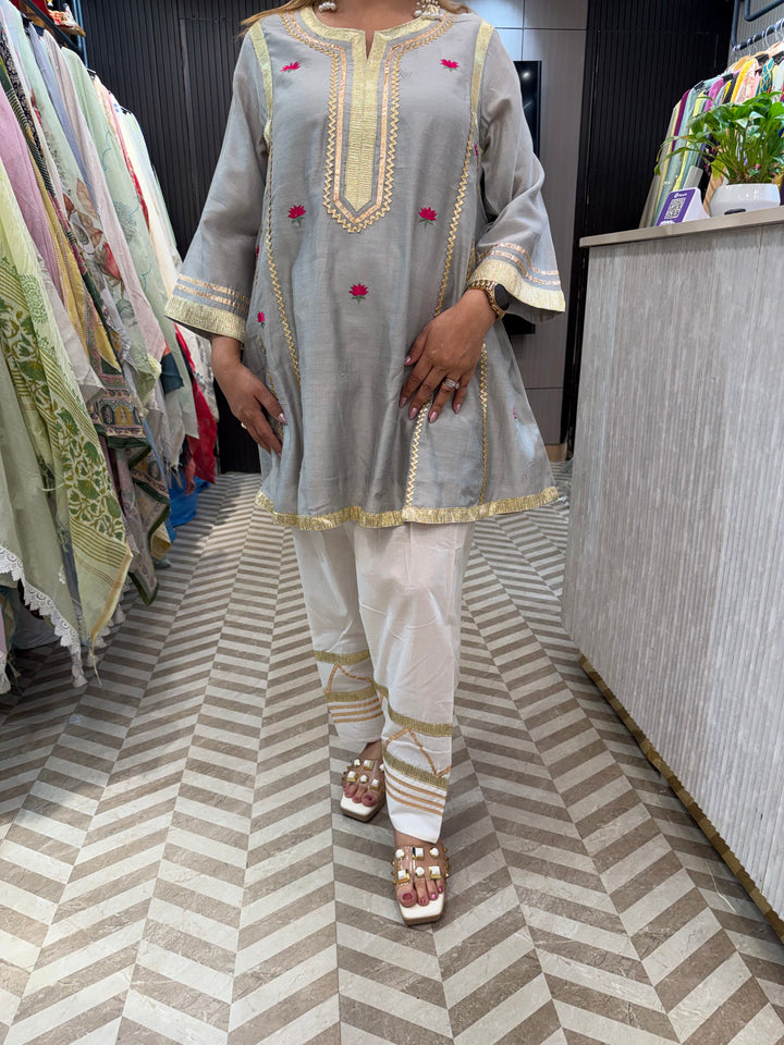 Zohra – Grey Mul Chanderi Gota Work Suit Set