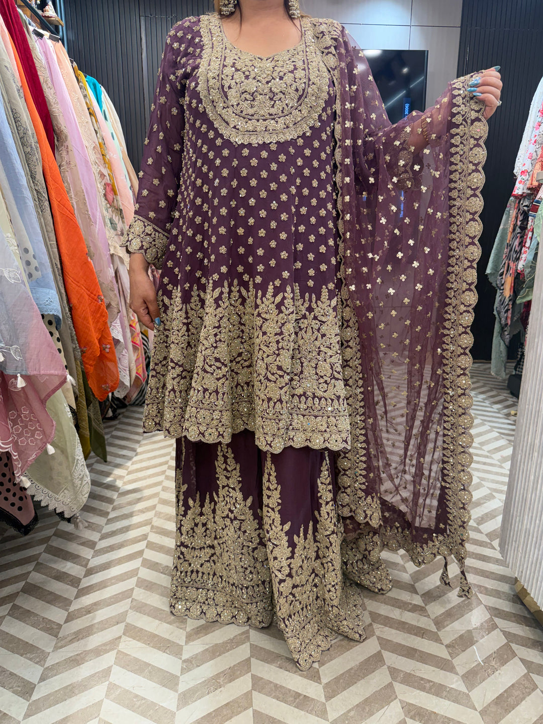 Meher – Muted Wine Purple Georgette Embroidered Short Anarkali Sharara Set