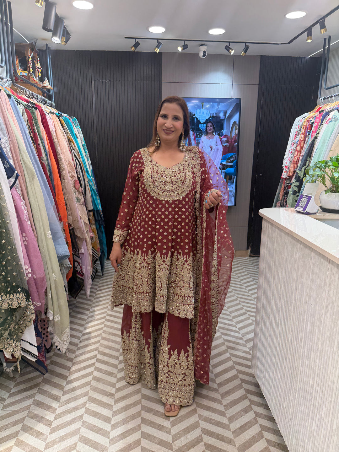 Meher – Brick Red Georgette Embroidered Short Anarkali Sharara Set