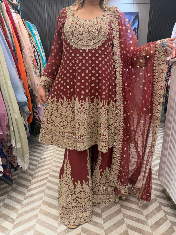 Meher – Brick Red Georgette Embroidered Short Anarkali Sharara Set