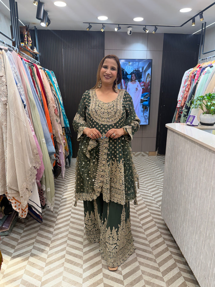 Meher – Sage Green Georgette Embroidered Short Anarkali Sharara Set