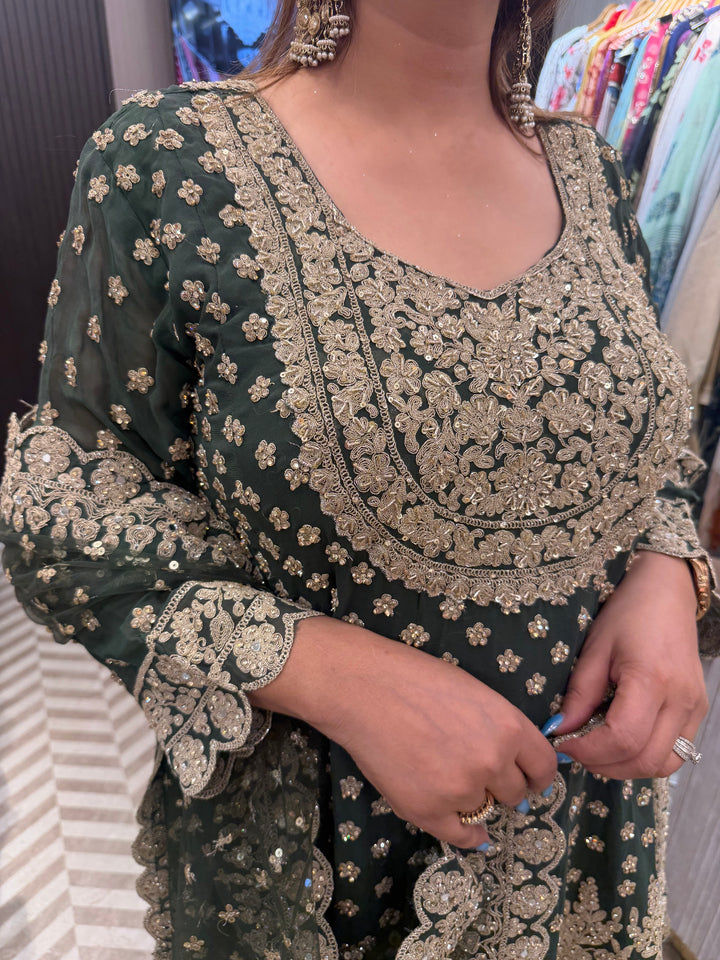 Meher – Sage Green Georgette Embroidered Short Anarkali Sharara Set