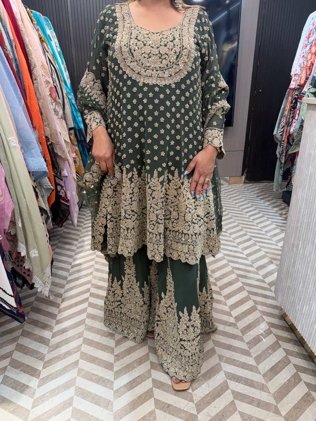 Meher – Sage Green Georgette Embroidered Short Anarkali Sharara Set