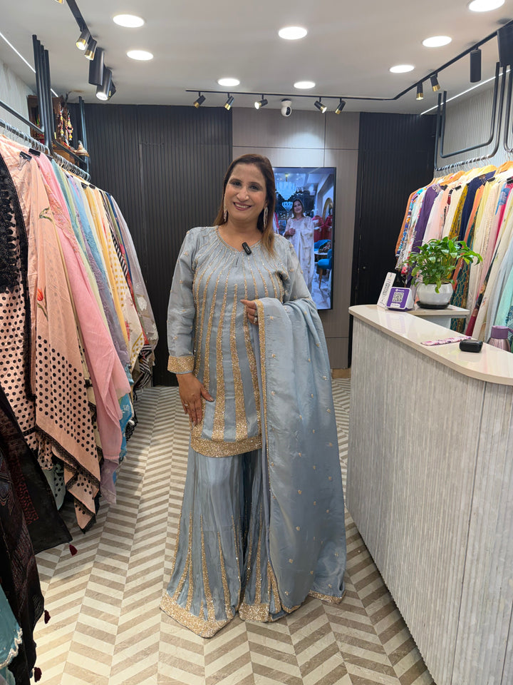 Meher – Powder Blue Tissue Sequin Cut Dana Sharara Set