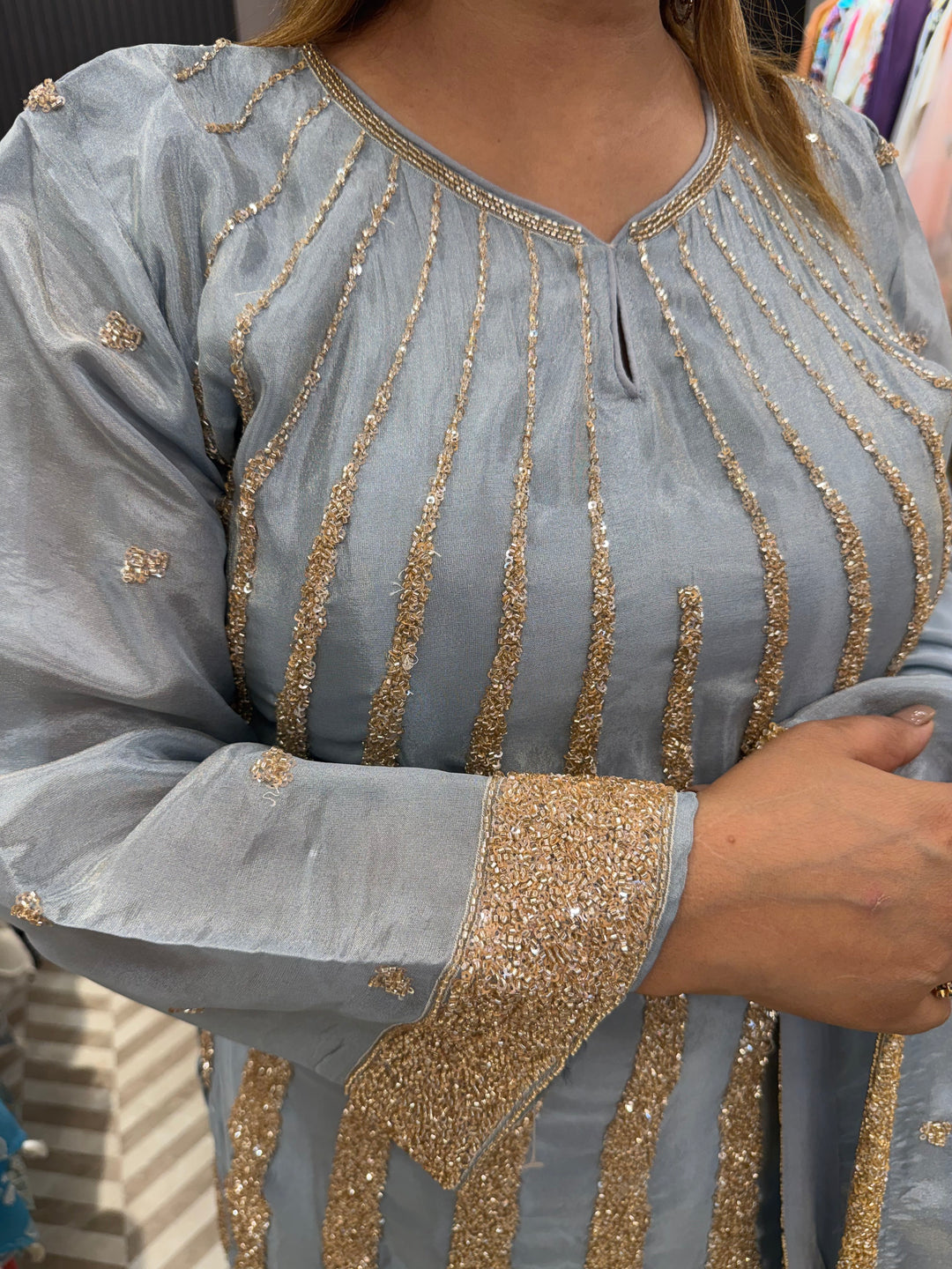 Meher – Powder Blue Tissue Sequin Cut Dana Sharara Set