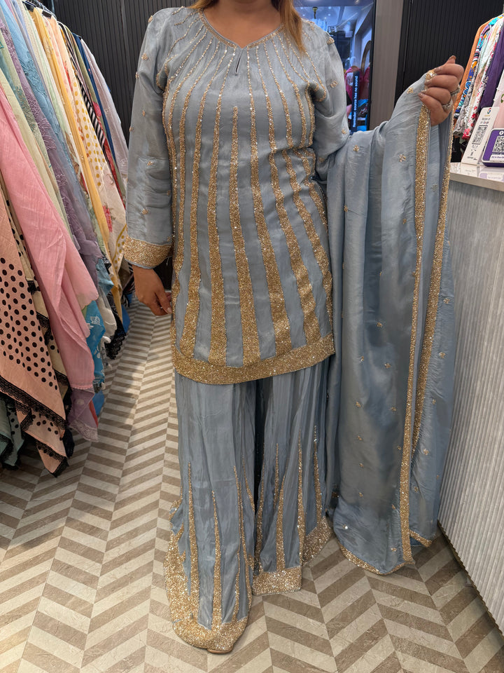 Meher – Powder Blue Tissue Sequin Cut Dana Sharara Set