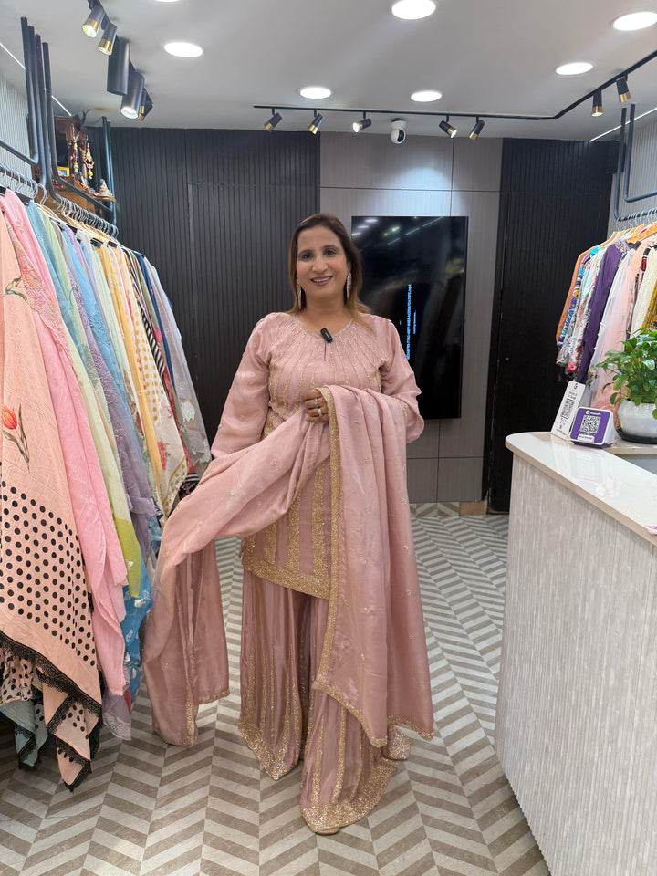 Meher – Powder Pink Tissue Sequin Cut Dana Sharara Set